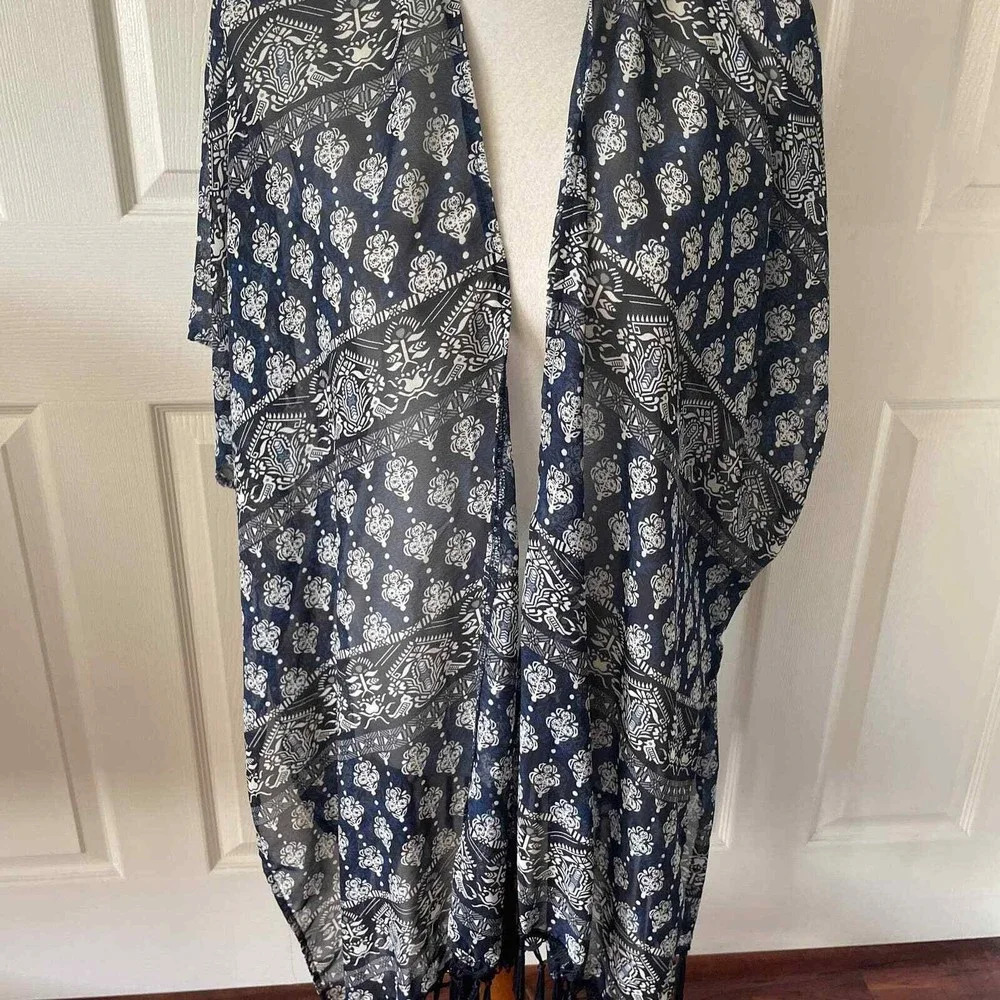 Womens Kimono Cover Up OSFM Tassels Blue Boho Hippie Longline Lagenlook Open